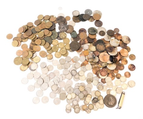 A group of pre decimal coinage, comprising pennies, halfpennies, farthings, Canadian dollars, foreign coinage, a mother of pearl handled penknife, etc. (1 tin)