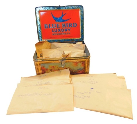 A Bluebird Luxury Assortment biscuit tin and contents of coins, pre decimal to include threepence pieces, pennies, halfpennies, George V pennies, threepence pieces, etc. (1 tin)