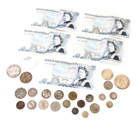 Collector's coins, pre decimal coinage and banknotes, to include five Bank of England £5 banknotes, Cashier Jo Page, five dollar Olympiad commemorative coin, Liberty one dollar, Canadian dollar, one shilling, threepenny pieces, etc. (a quantity)