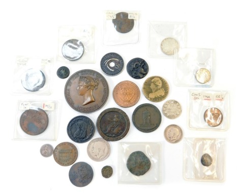 Mixed pre decimal coinage, to include George III cartwheel penny 1797, half penny 1794, George II Britannia 1754, rubbed and worn coinage, Victoria By The Grace of God Queen Prize Award for the Department of Science and Art, Roman type coins, etc. (1 tray