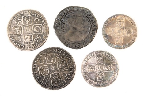 A group of silver coinage, comprising a George III silver Shilling 1723, another similar, possibly 1723, George II sixpence 1757, another dated 1750, and a further coin dated 1605, 0.66oz. (5)