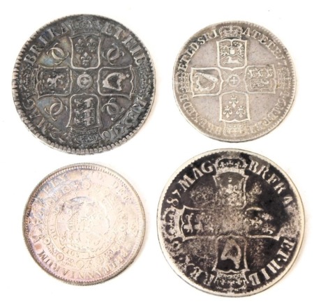 Four George II and later silver coins, comprising half crown 1746, half crown 1817, Charles II crown 1672, and a George II crown 1687.