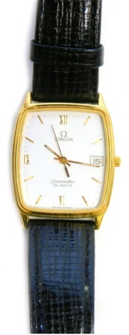 An Omega Seamaster gentleman's wristwatch, in a gold plated frame, on stainless steel back, with white enamel baton and Roman numeric dial, 2.5cm wide, serial number 1430, on fine black leather strap.