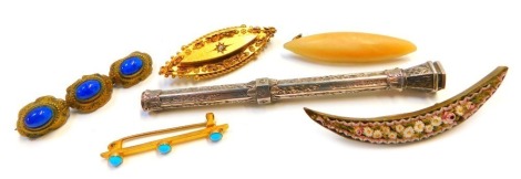 A small group of brooches, comprising a Victorian 15ct gold and diamond set bar brooch, lacking pin, 4cm wide, a Victorian 9ct gold turquoise bar brooch, 4cm wide, and three costume brooches and a silver pencil frame. (6)