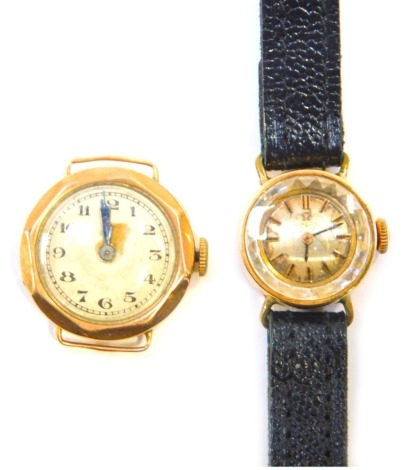 Two wristwatches, comprising a 9ct gold Omega lady's wristwatch, with a silvered dial, 1.5cm wide, on black leather strap, and a further 9ct gold cased example, unbranded, 20.6g all in. (2)