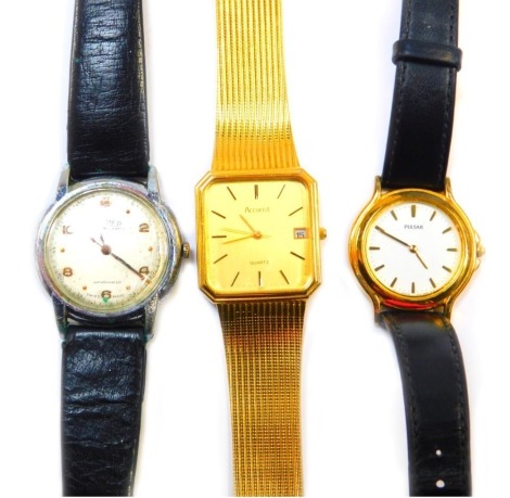 Three fashion watches, comprising an Accurist fashion watch with quartz movement, Roma stainless steel cased gentleman's wristwatch, and a Pulsar lady's wristwatch. (3)