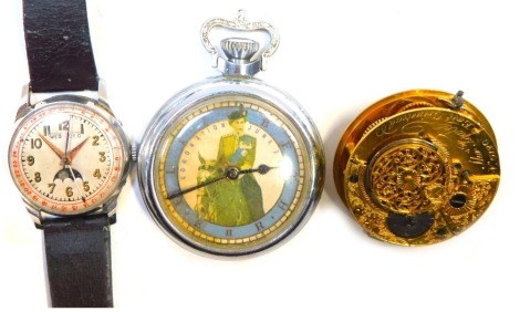 A 19thC pocket watch movement, inscribed Thomas Fowler East Grimstead, a Coronation July 1953 HRH commemorative pocket watch, and a stainless steel cased day date watch. (3)