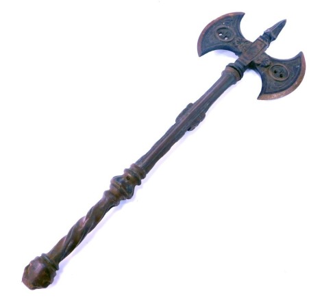 A reproduction two headed twin axe, the metal blades each with scroll inscription and pierced fleur de lys, with a diamond shaped top, 53cm high.