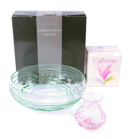 A Dartington Crystal large green Ocean bowl, 28cm diameter, boxed, and a pink Caithness swirl vase, 10cm high, boxed. (2)