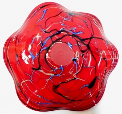 A red Art Glass flared rim centre bowl, black and blue swirls to the underside, 48cm diameter. - 3