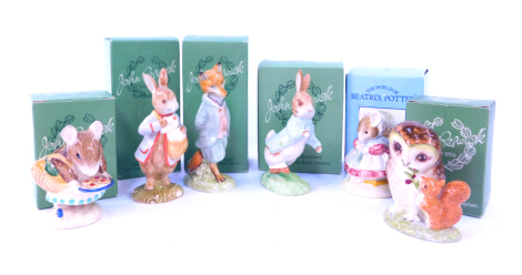 Five Beswick Beatrix Potter pottery figures, comprising Old Mr Brown, Peter with Post Bag, The Old Woman Who Lived in a Shoe Knitting, Foxy Whiskered Gentleman, and Peter Rabbit, together with a Royal Doulton for Beswick Appley Dapply figure, boxed.