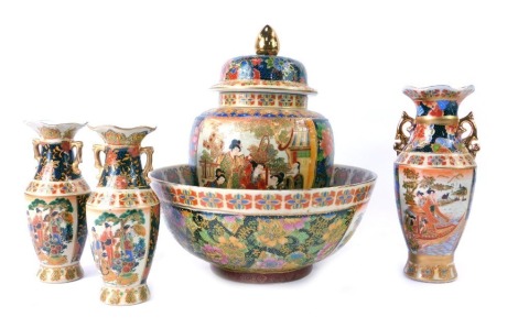 A group of modern Oriental ceramics, comprising centre bowl, 29cm diameter, ginger jar and cover, 31cm high, vase, 25cm high, and pair of miniature vases, 21cm high, each heavily decorated and gilded. (5)