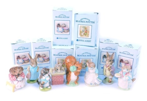 Eight Royal Albert Beatrix Potter figures, comprising Mrs Ribby, Mrs Flopsy Bunny, Mrs Tiggy Winkle Makes Tea, Miss Moppet, Mr Benjamin Bunny, Tom Thumb, Mrs Ribby and Patty Pan, and Squirrel Nutkin, boxed.