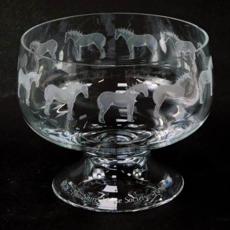 A Hugh Gary crystal bowl, The 1878 Shire Society to 1978, bearing signature, limited edition, 11/250, engraved with horses, 16cm high.