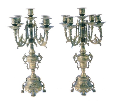 A pair of Victorian brass five branch candelabra. 41cm high. (AF)