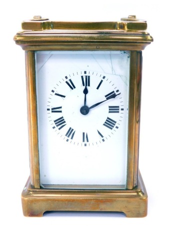 A 19thC cased carriage clock, rectangular enamel dial bearing Roman numerals, barrel movement, with key, 11cm high. (AF)