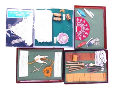 A group of sewing related items, for tatting, lucet items relating lace making, pair of thimble cases, case modelled as a cabin trunk, etc.