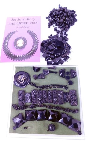 A group of jet, to include a Victorian bracelet, various jet beads, some faceted, round examples, etc., together with Muller (Helen) Jet Jewellery and Ornaments.