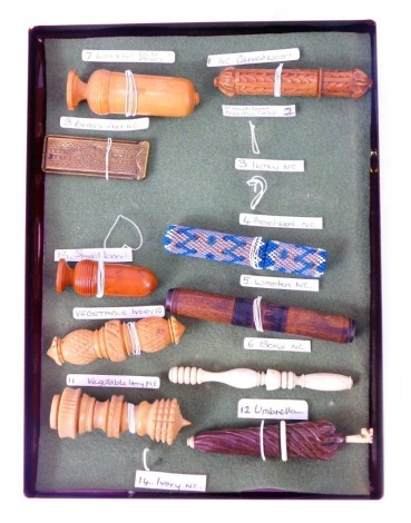 A group of 19thC and later needle cases, to include vegetable, ivory, bone, a carved wooden case modelled as an umbrella, beadwork case, etc.