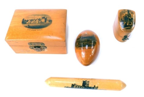 A group of Mauchline ware, comprising a Glasgow Cathedral thimble case, Winchester Cathedral reel case, Chester Cathedral needle case, and an Unthank Hall box, 7.5cm wide.