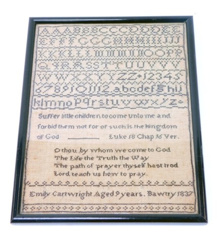 A William IV/Victorian sampler, by Emily Cartwright aged 9 Years, Bawtry 1837, alphabetic with religious script, 24cm x 18.5cm.