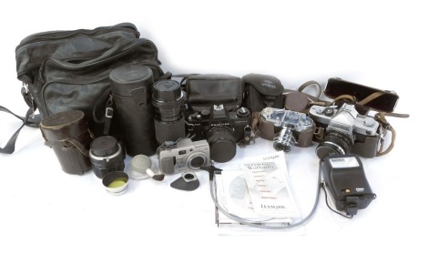 Various cameras and optics equipment, to include a Praktica B200 camera, a Sigma lens 936790, in case, a Halina 35X Super camera, Minolta camera, camera bags, etc. (1 box)