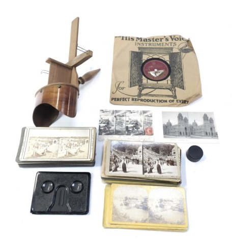 A stereoscopic viewer, together with various slides, to include Naval Gun Landed at Walfisch Bay, Our Gallant Defenders of the Nile Awaiting Orders in Egypt, scenes in Florida, France, Germany, together with postcards depicting Marseilles, La Salle a Mang