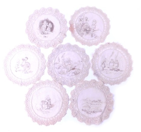 A set of seven lace and linen doilies, each printed centrally with scenes from Alice in Wonderland illustrated by John Tenniel, 16cm diameter.