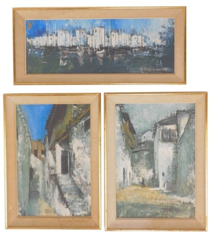 E Doorenbos (1921-2013). Street scene, and river scene with fishing boats and buildings to background, oil on board, each signed, 50cm x 30cm (2), and 21cm x 63cm.