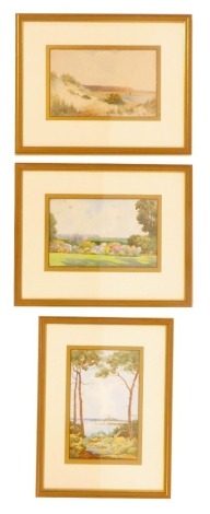 Reginald West. Sand Hills, watercolour, signed, 17.5cm x 27cm, and a further watercolour depicting trees before lake, signed, 27.5cm x 18cm, and another, 17cm x 26cm. (3)