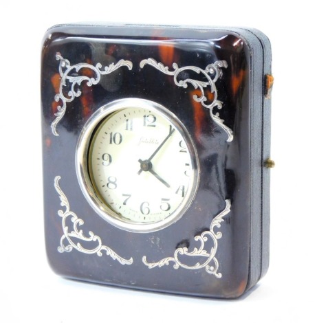 A Victorian imitation tortoiseshell and white metal inlaid watch case, in a black leather outer casing, enclosing a silver plated satellite pocket watch, the case 9cm x 7cm.