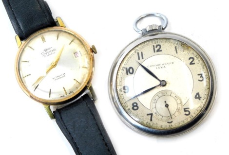 Two watches, comprising a Systema seventeen jewel incablc gent's wristwatch, stainless steel back with gold plated border, and a Chronometer Iaxa stainless steel cased pocket watch. (2)