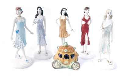 A set of five Coalport Collectables porcelain figures, from the Birthstone Collection, comprising April, November, July, October, and September, each 19cm high, together with a Coalport porcelain carriage trinket box, 9cm high. (6)