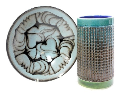 A Poole pottery Aegean pattern dish, together with a Poole cylindrical vase.