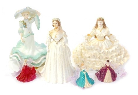 Three Coalport porcelain figures, comprising Ladies of Fashion, 19cm high, Queen Victoria, limited edition 3745/7500, with certificate of authenticity, The Ascot Lady 1989, limited edition 53/750, together with three Coalport porcelain decorations modelle