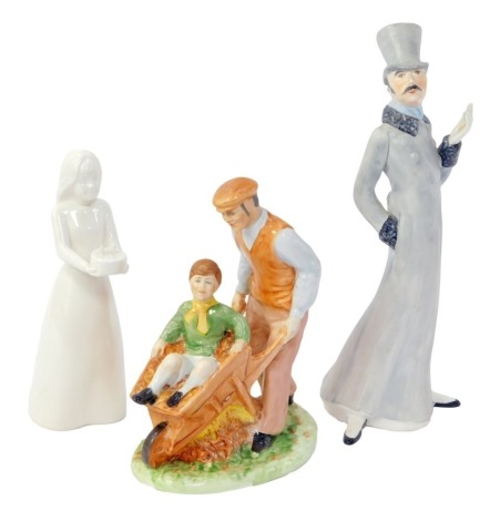 A Coalport porcelain figure group modelled as Autumn Leaves, limited edition 585/750, 21cm high, together with a Coalport porcelain figure modelled as The Rake, 29cm high, and a Moments by Coalport figure modelled as Birthday Surprise, 20cm high. (3)