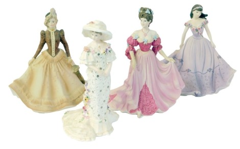 Four Coalport porcelain figures, modelled as Age of Elegance Autumn Stroll, Age of Elegance Summer Gala, Age of Elegance Lavender Walk, and The Lovely Lady Christabel, limited edition 1650/2500.