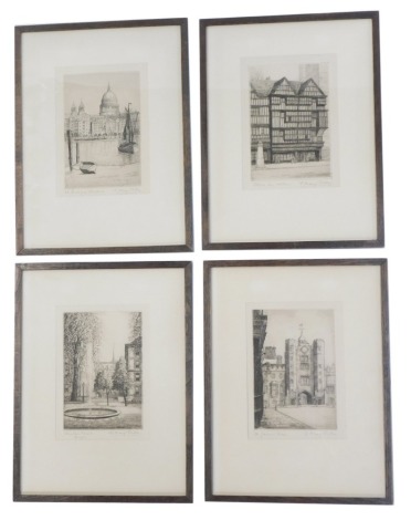 After E Mary Shelley. Four black and white etchings, comprising St James Palace, St Paul's from the Bankside, Staple - In - Holborn, and Fountain Court Temple, each signed in pencil, 15.5cm x 11cm.