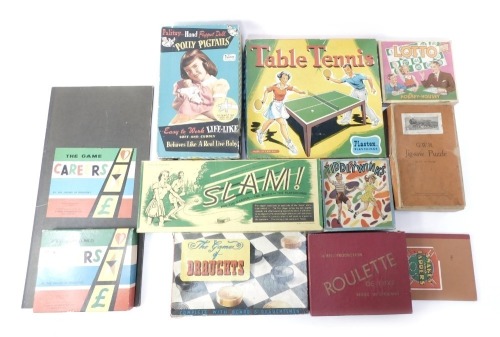 Various bygone games, puzzles, etc., to include a JWR puzzle, a Palitoy hand puppet doll Polly Pigtails, giraffes, table tennis, roulette, tiddlywinks, etc. (1 box)