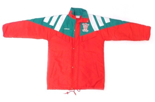 An Adidas Liverpool Football Club waterproof jacket, in red, green and white, with fabric badge, size 42 - 44.