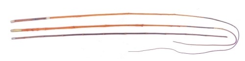 Three coaching whips, comprising two with Holly wood lengths, of differing sizes.