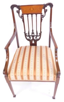 A late 19thC open armchair in the Sheraton style, with an inlaid pierced scroll carved back, boxwood line inlaid arms, Regency stripe overstuffed seat raised on square tapering legs and out splayed feet, together with an Edwardian mahogany stool, with cur - 3