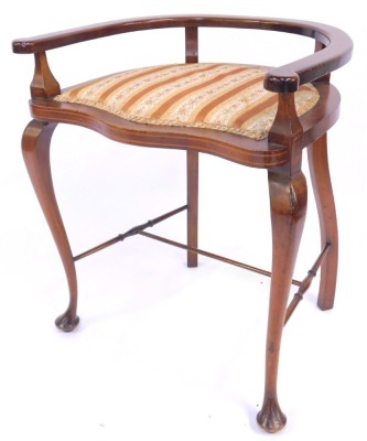 A late 19thC open armchair in the Sheraton style, with an inlaid pierced scroll carved back, boxwood line inlaid arms, Regency stripe overstuffed seat raised on square tapering legs and out splayed feet, together with an Edwardian mahogany stool, with cur - 4