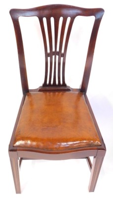 A set of six Edwardian mahogany dining chairs, each with a pierced vase shaped splat, brown leather overstuffed seat, on square tapering moulded legs united by a H shaped stretcher. - 2