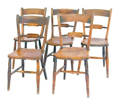 An associated set of five 19thC Oxford bar back chairs, each with a solid back and turned rail, on a solid seat, raised on turned tapering legs united by a H shaped stretcher, stamped WB etc.