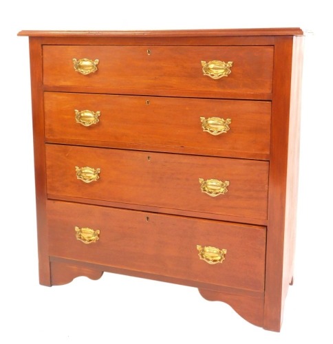 An early 20thC walnut chest, the top with a moulded edge above four drawers with Art Nouveau style brass handles, on bracket feet, 102cm high, 102cm wide, 44cm deep.