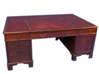 An Edwardian mahogany partner's desk in George III style, with a tooled red leather top, each side with one long drawer, flanked to the left by a single drawer over a cupboard door, to the right with four graduated drawers, raised on bracket feet, 77cm hi