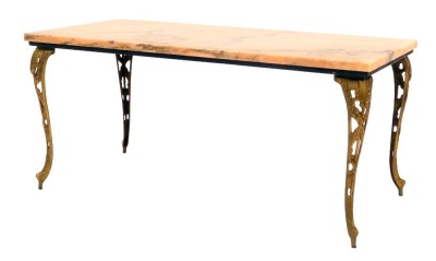 A 20thC coffee table, the rectangular marble top raised on four pierced brass cabriole legs, 41.5cm high, the top 90.5cm x 45cm.