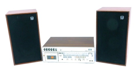 An Aiwa stereo cassette receiver system, model AF-3060, together with a pair of Wharfdale Linton XP2 speakers.