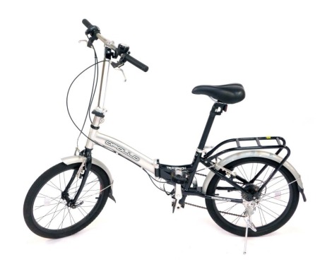 An Apollo Transition folding bicycle, in black and silver trim with aluminium frame.